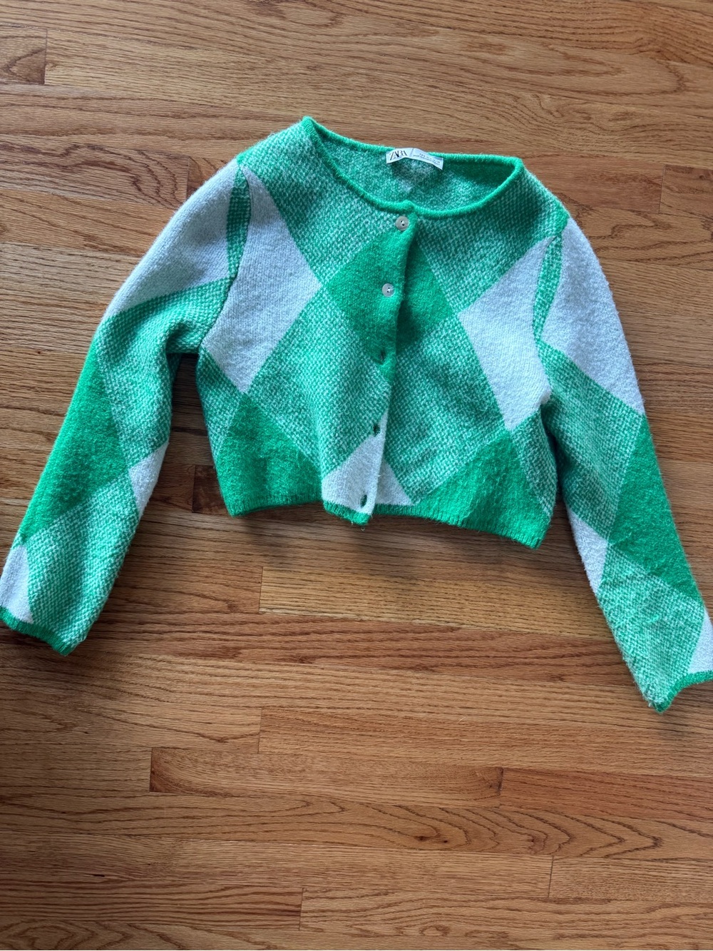 Zara Green and Cream Cropped Argyle Cardigan